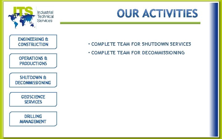ENGINEERING & CONSTRUCTION • COMPLETE TEAM FOR SHUTDOWN SERVICES • COMPLETE TEAM FOR DECOMMISSIONING