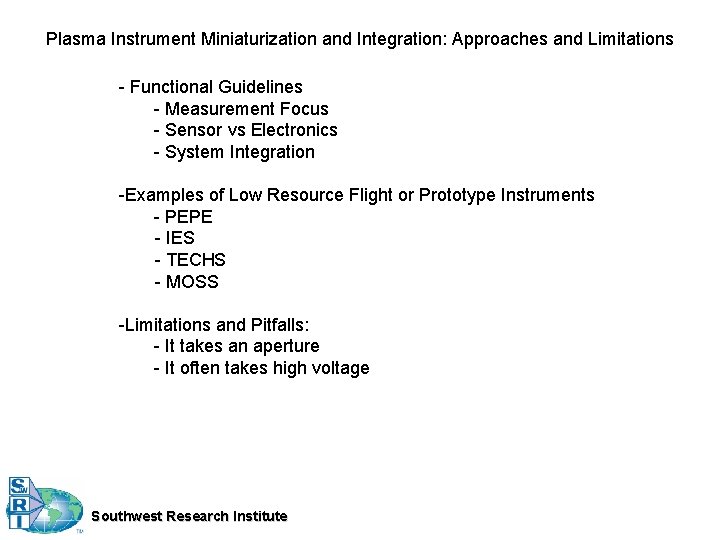 Plasma Instrument Miniaturization and Integration: Approaches and Limitations - Functional Guidelines - Measurement Focus