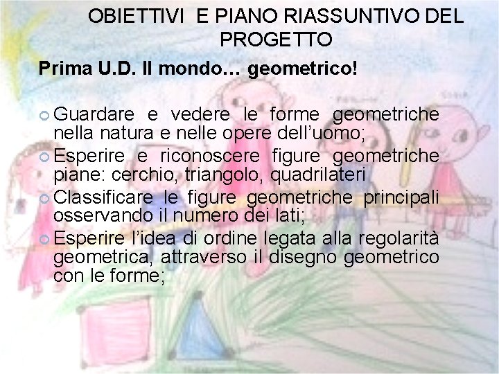 OBIETTIVI E PIANO RIASSUNTIVO DEL PROGETTO Prima U. D. Il mondo… geometrico! Guardare e