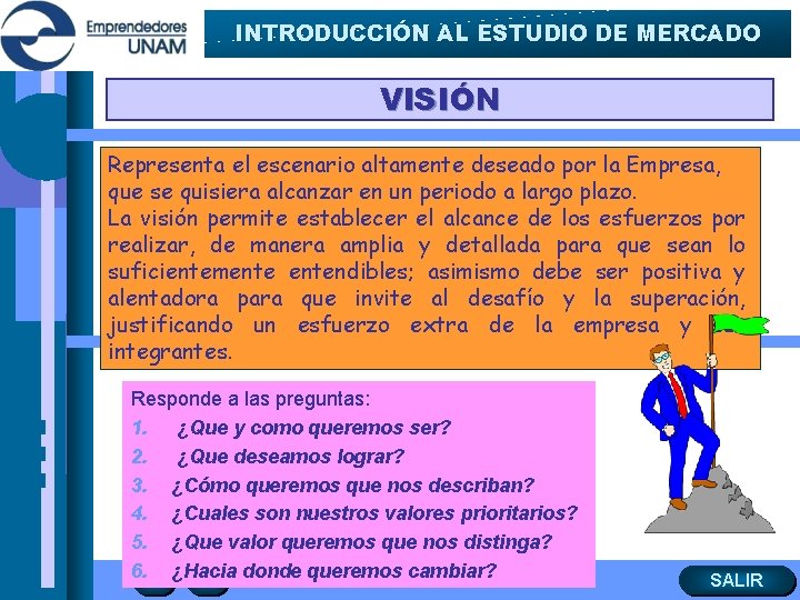 INTRODUCCIÓN AL ESTUDIO DE MERCADO VISIÓN Representa el escenario altamente deseado por la Empresa,