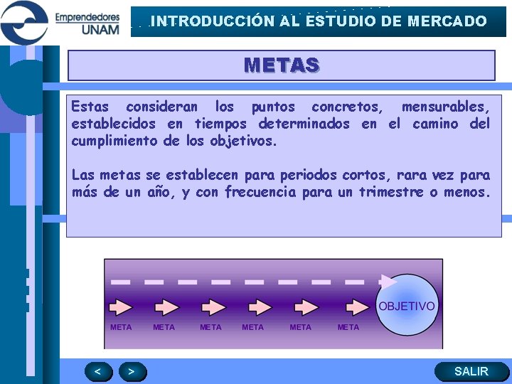 INTRODUCCIÓN AL ESTUDIO DE MERCADO METAS Estas consideran los puntos concretos, mensurables, establecidos en