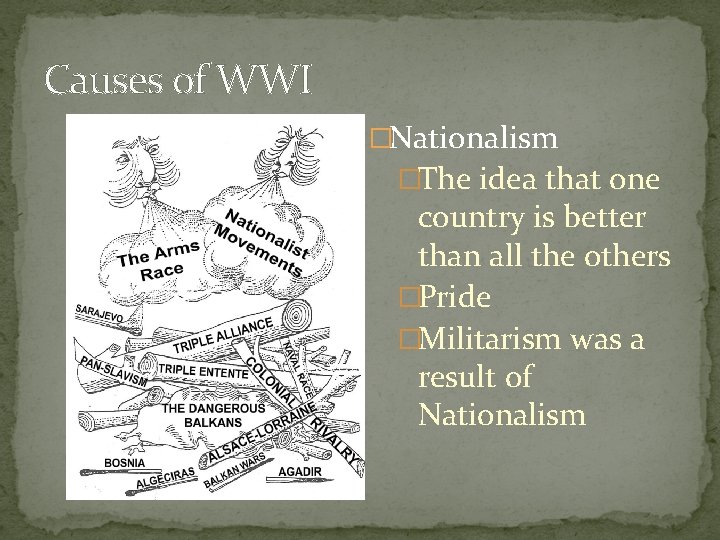 Causes of WWI �Nationalism �The idea that one country is better than all the