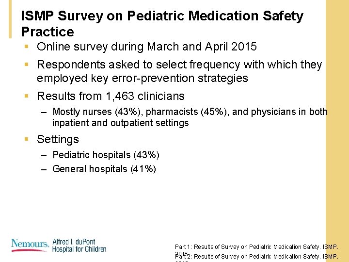 ISMP Survey on Pediatric Medication Safety Practice § Online survey during March and April ISMP Survey on Pediatric Medication Safety Practice § Online survey during March and April