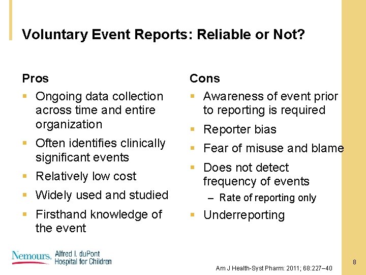 Voluntary Event Reports: Reliable or Not? Pros § Ongoing data collection across time and Voluntary Event Reports: Reliable or Not? Pros § Ongoing data collection across time and