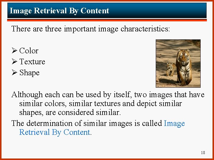 Image Retrieval By Content There are three important image characteristics: Ø Color Ø Texture