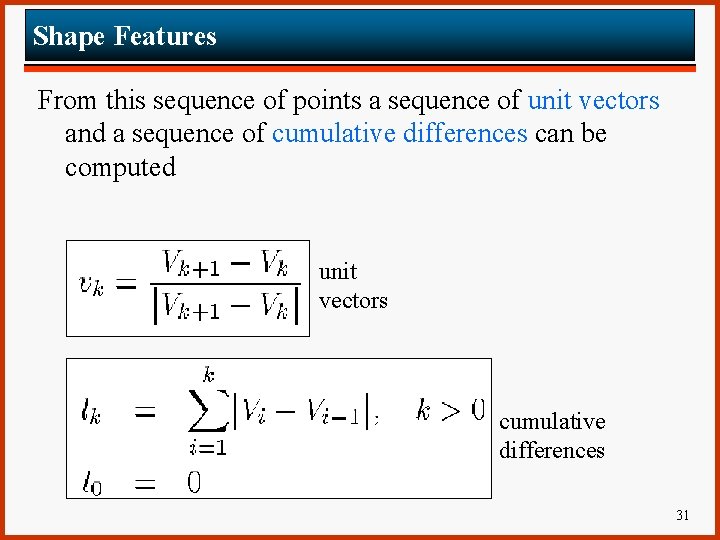 Shape Features From this sequence of points a sequence of unit vectors and a