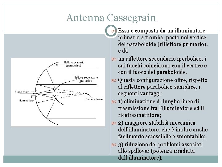 Antenna Cassegrain Essa è composta da un illuminatore primario a tromba, posto nel vertice