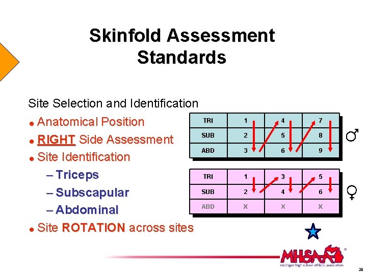 Skinfold Assessment Standards Site Selection and Identification Anatomical Position = RIGHT Side Assessment =