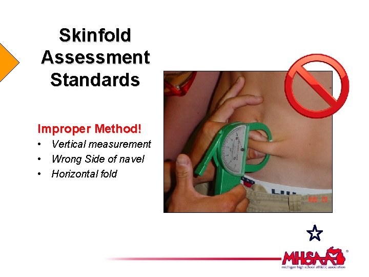 Skinfold Assessment Standards Improper Method! • Vertical measurement • Wrong Side of navel •