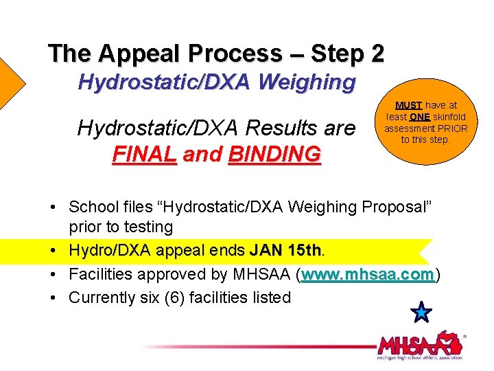 The Appeal Process – Step 2 Hydrostatic/DXA Weighing Hydrostatic/DXA Results are FINAL and BINDING