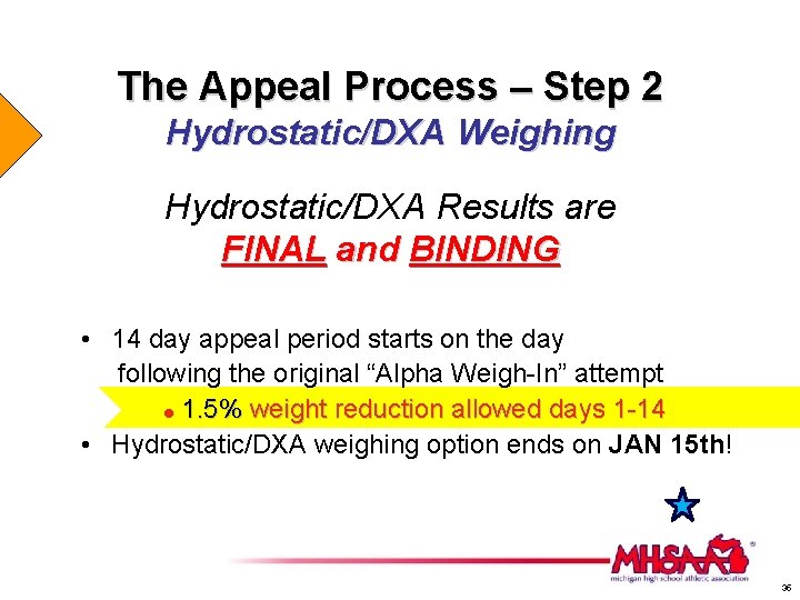 The Appeal Process – Step 2 Hydrostatic/DXA Weighing Hydrostatic/DXA Results are FINAL and BINDING