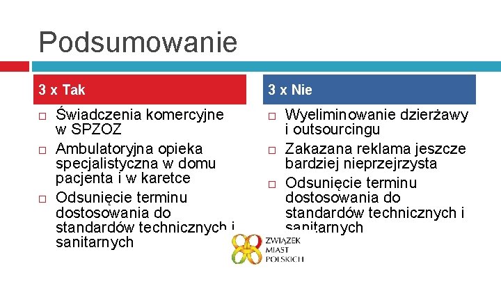 Podsumowanie 3 x Tak Świadczenia komercyjne w SPZOZ Ambulatoryjna opieka specjalistyczna w domu pacjenta