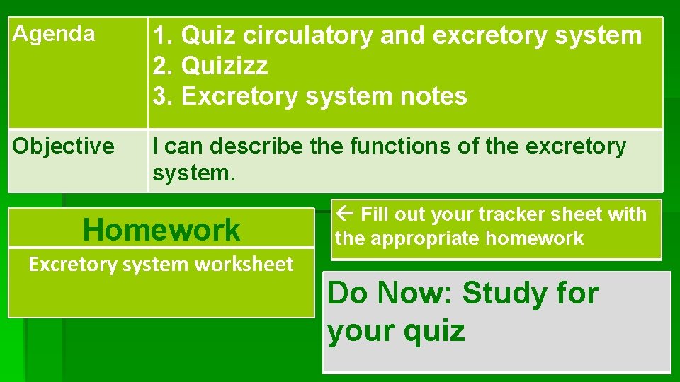 1. Quiz circulatory and excretory system 2. Quizizz 3. 1/22 Excretory system notes Do