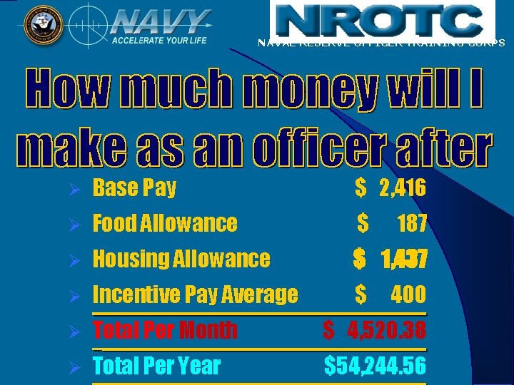 NAVAL RESERVE OFFICER TRAINING CORPS Ø Base Pay $ 2, 416 Ø Food Allowance