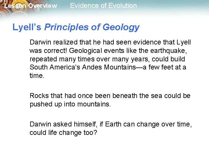 Lesson Overview Evidence of Evolution Lyell’s Principles of Geology Darwin realized that he had