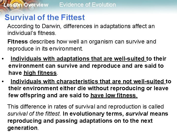 Lesson Overview Evidence of Evolution Survival of the Fittest According to Darwin, differences in