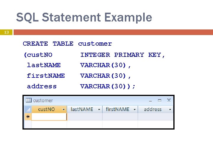 SQL Statement Example 13 CREATE TABLE customer (cust. NO last. NAME first. NAME address