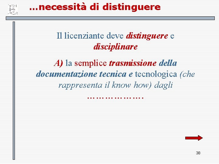 …necessità di distinguere Il licenziante deve distinguere e disciplinare A) la semplice trasmissione della