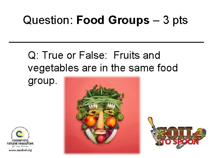 Question: Food Groups – 3 pts Q: True or False: Fruits and vegetables are