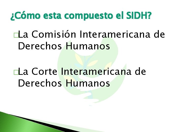 ¿Cómo esta compuesto el SIDH? �La Comisión Interamericana de Derechos Humanos �La Corte Interamericana