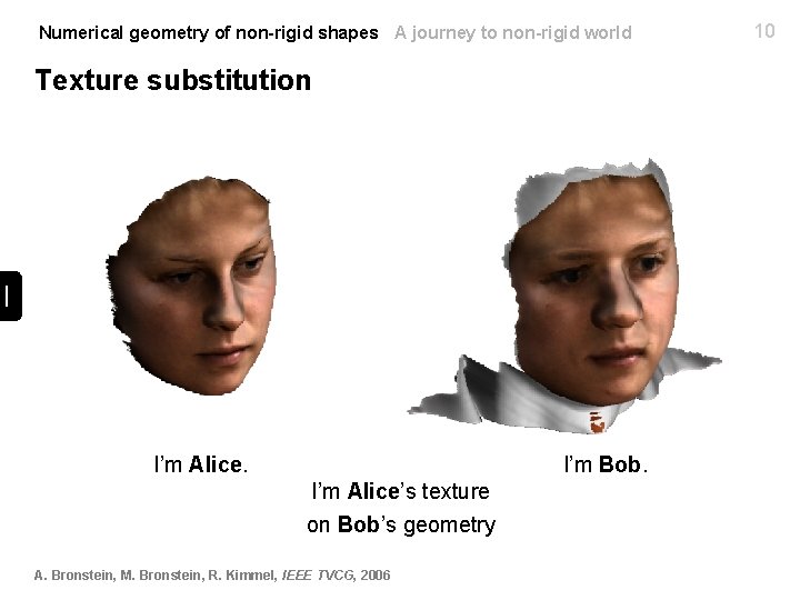Numerical geometry of non-rigid shapes A journey to non-rigid world Texture substitution I’m Alice.