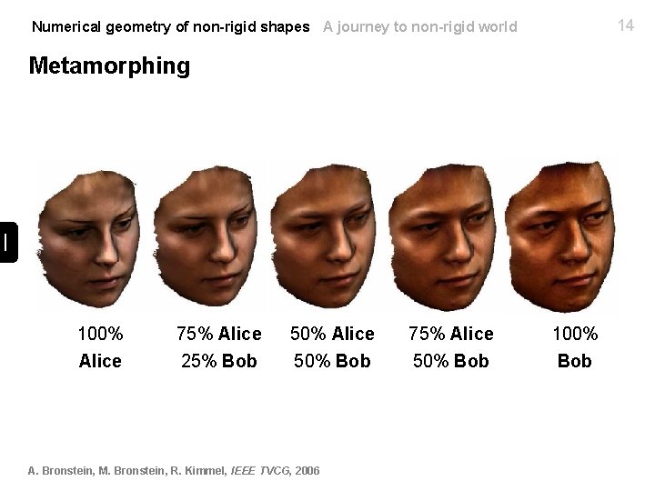 14 Numerical geometry of non-rigid shapes A journey to non-rigid world Metamorphing 100% Alice