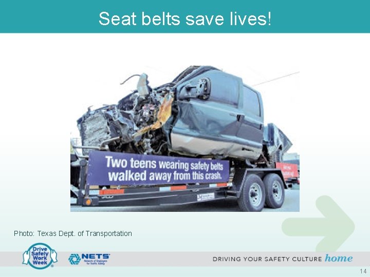 Seat belts save lives! Photo: Texas Dept. of Transportation 14 Seat belts save lives! Photo: Texas Dept. of Transportation 14