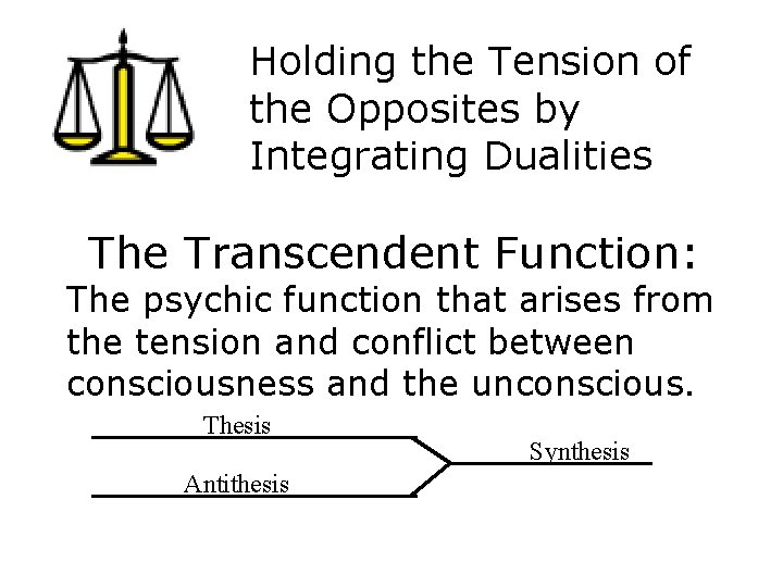 Holding the Tension of the Opposites by Integrating Dualities The Transcendent Function: The psychic