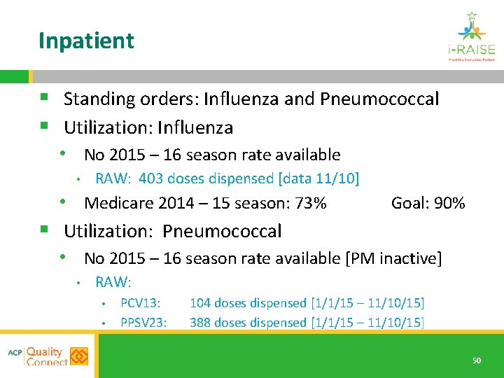 Inpatient § Standing orders: Influenza and Pneumococcal § Utilization: Influenza • No 2015 –