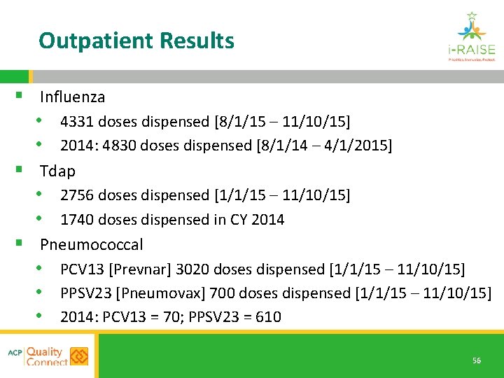 Outpatient Results § Influenza • 4331 doses dispensed [8/1/15 – 11/10/15] • 2014: 4830