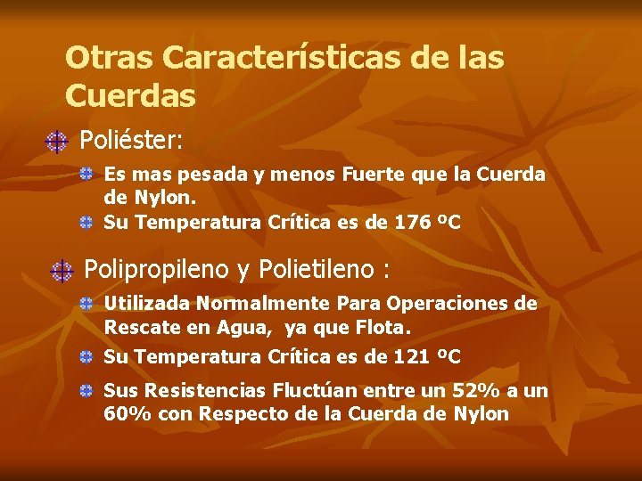 Otras Características de las Cuerdas Poliéster: Es mas pesada y menos Fuerte que la