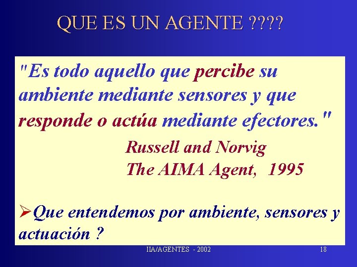 QUE ES UN AGENTE ? ? "Es todo aquello que percibe su ambiente mediante