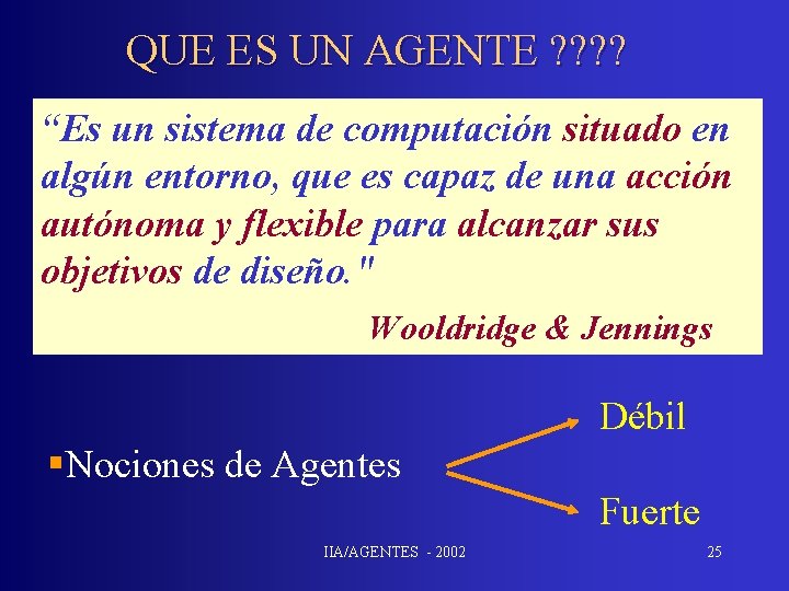 QUE ES UN AGENTE ? ? “Es un sistema de computación situado en algún