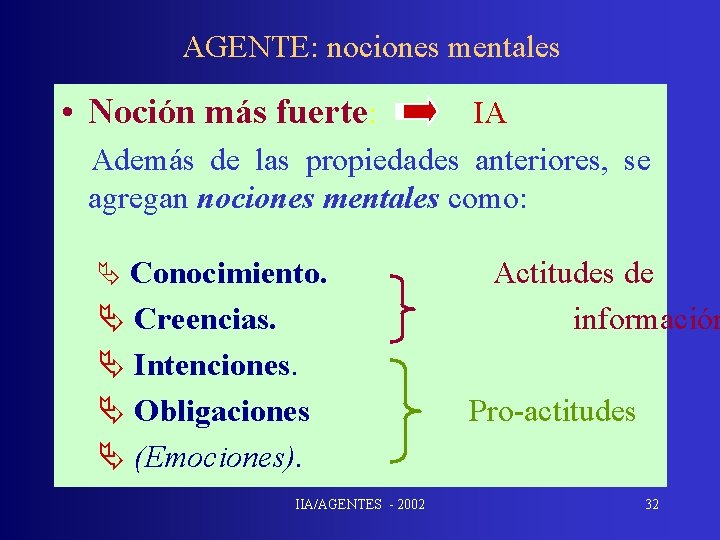 AGENTE: nociones mentales • Noción más fuerte: IA Además de las propiedades anteriores, se