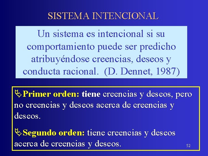 SISTEMA INTENCIONAL Un sistema es intencional si su comportamiento puede ser predicho atribuyéndose creencias,