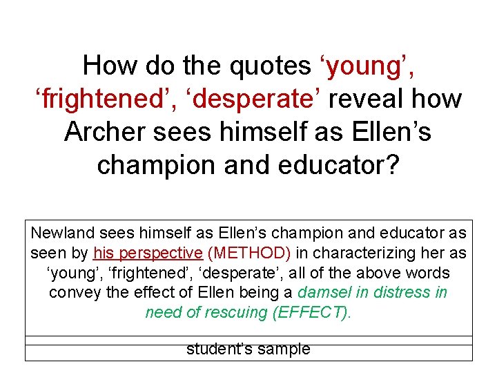 How do the quotes ‘young’, ‘frightened’, ‘desperate’ reveal how Archer sees himself as Ellen’s