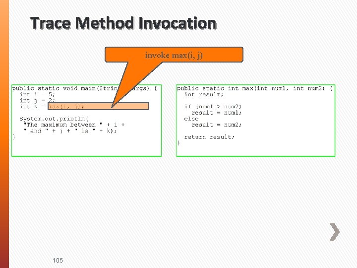 Trace Method Invocation invoke max(i, j) 105 