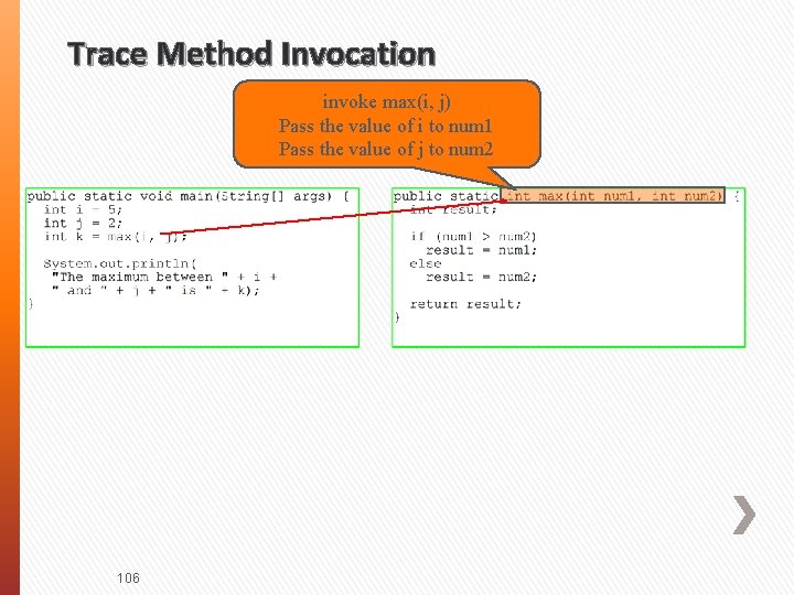 Trace Method Invocation invoke max(i, j) Pass the value of i to num 1
