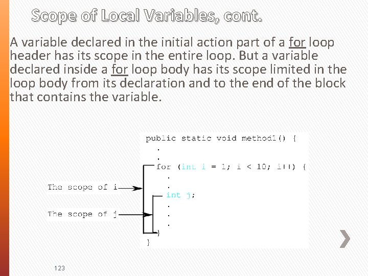 Scope of Local Variables, cont. A variable declared in the initial action part of