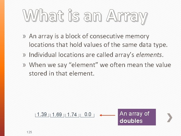 What is an Array » An array is a block of consecutive memory locations