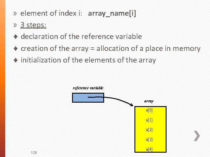 » element of index i: array_name[i] » 3 steps: declaration of the reference variable