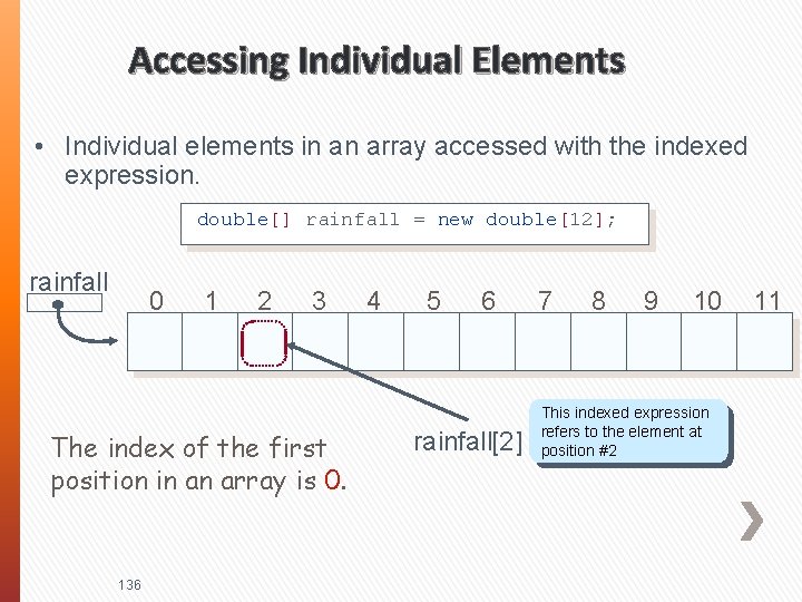 Accessing Individual Elements • Individual elements in an array accessed with the indexed expression.