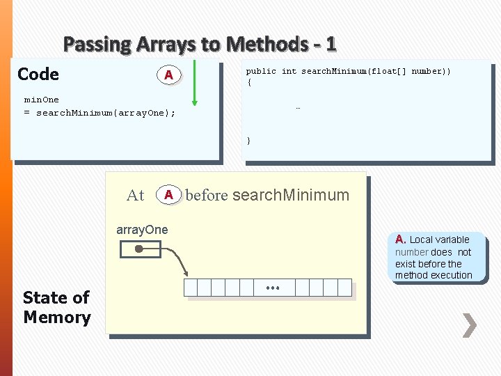 Passing Arrays to Methods - 1 Code A public int search. Minimum(float[] number)) {