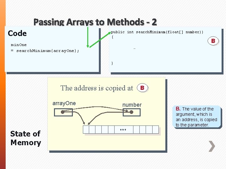 Passing Arrays to Methods - 2 Code public int search. Minimum(float[] number)) { B