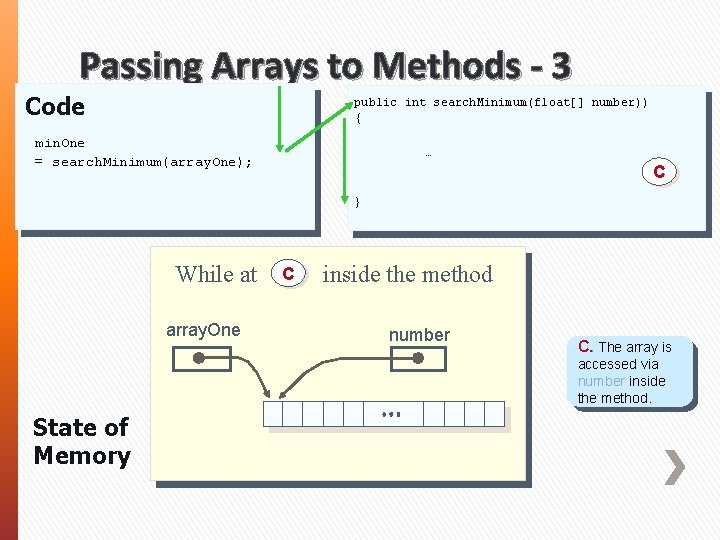 Passing Arrays to Methods - 3 Code public int search. Minimum(float[] number)) { min.