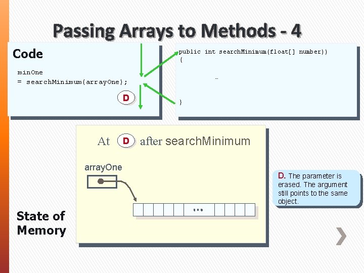 Passing Arrays to Methods - 4 Code public int search. Minimum(float[] number)) { min.