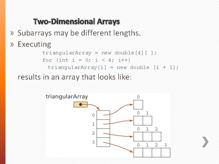 Two-Dimensional Arrays » Subarrays may be different lengths. » Executing triangular. Array = new