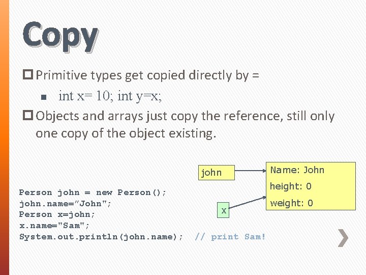 Copy p Primitive types get copied directly by = n int x= 10; int