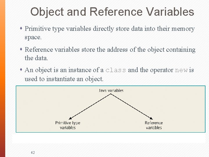 Object and Reference Variables s Primitive type variables directly store data into their memory