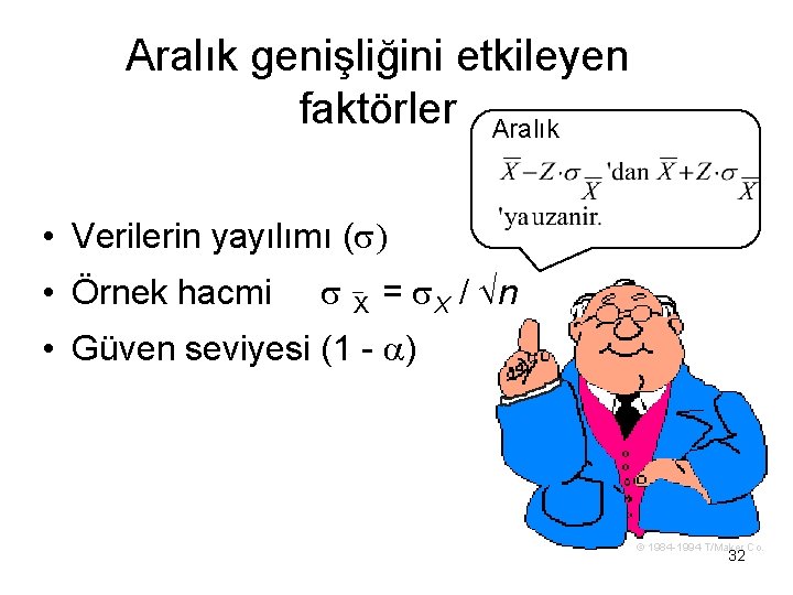 Aralık genişliğini etkileyen faktörler Aralık • Verilerin yayılımı ( • Örnek hacmi X =